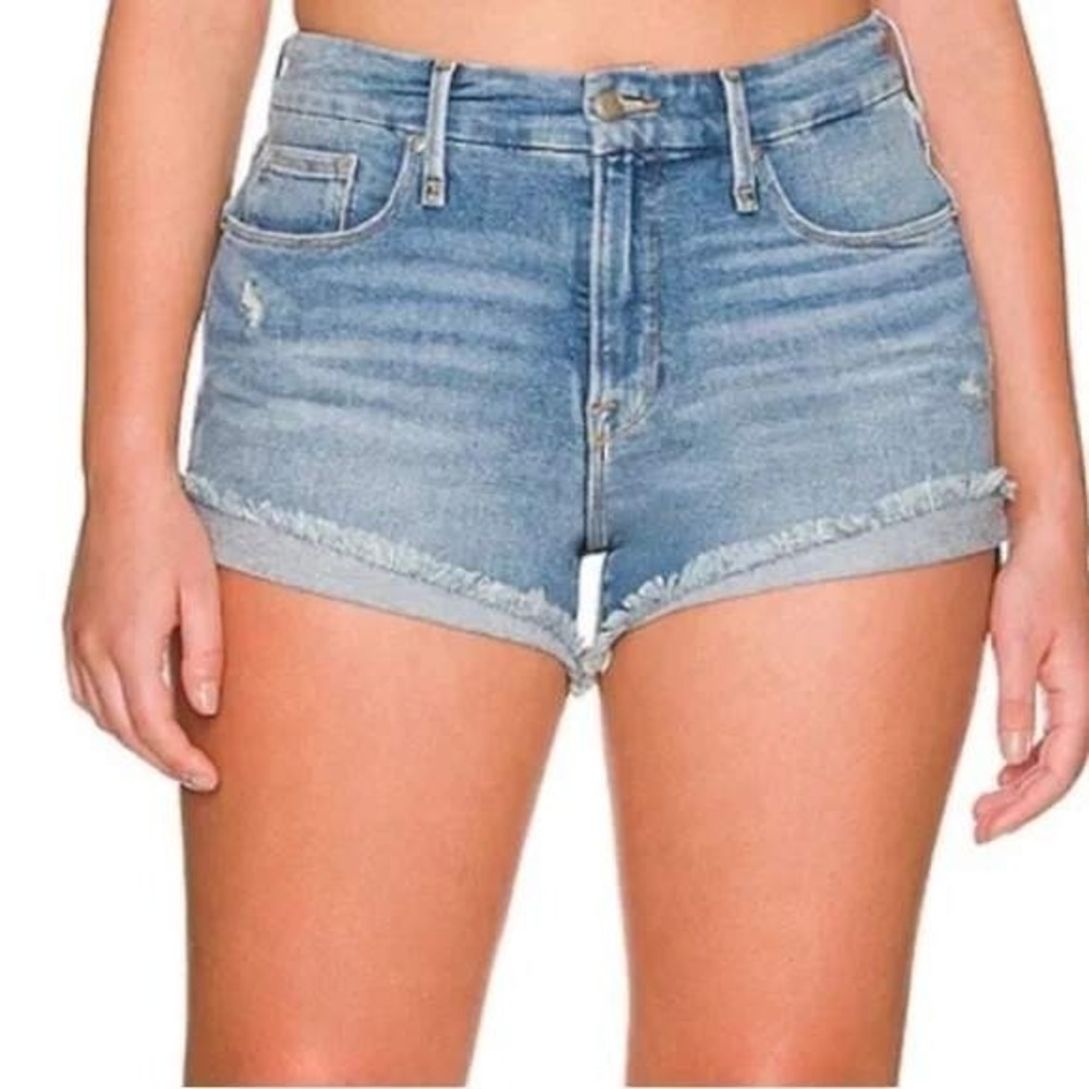 Good American Good Curve Raw Hem Denim Shorts Women 16 Blue Boho Festival Hippie